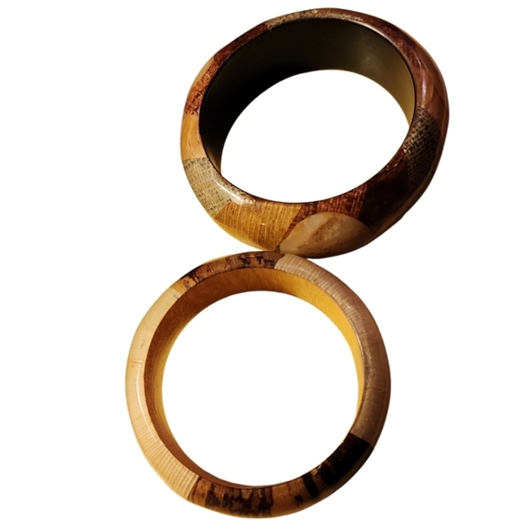 VINTAGE RESIN WOOD BANGLE SET EARTH TONE CHUNKY STATEMENT HIPPIE BOHO - Picture 7 of 16